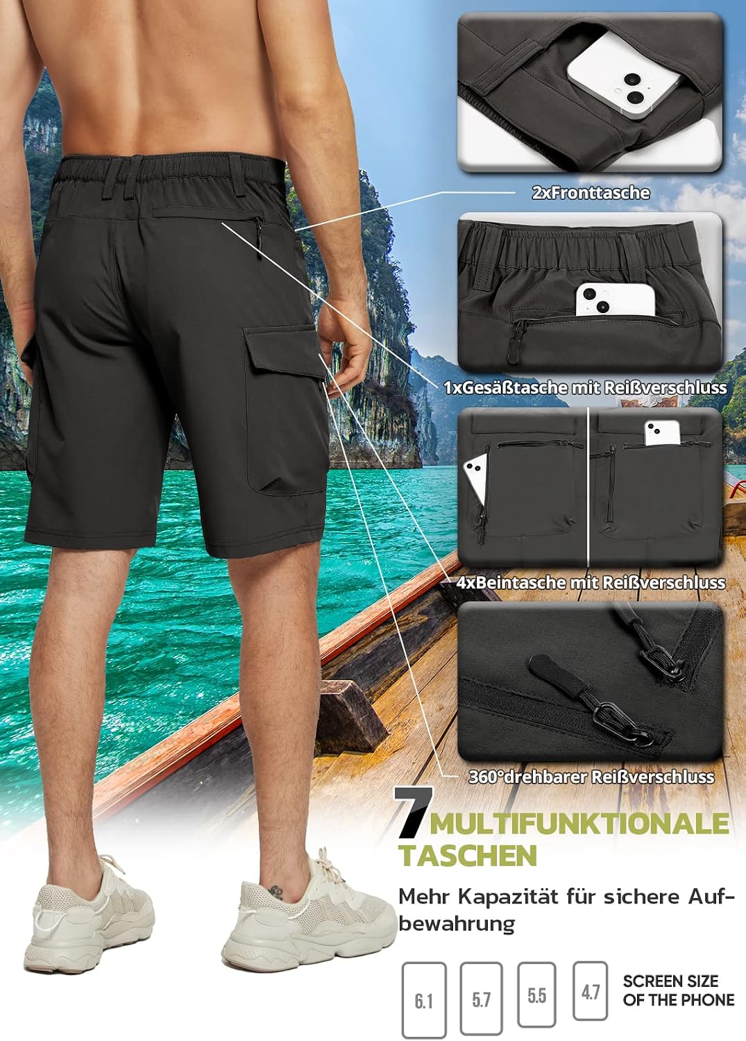 Hiauspor Wanderhose Herren Kurz MTB Hose Leichte Schnelltrocknend Cargo Bermuda Chino mit 5 Taschen