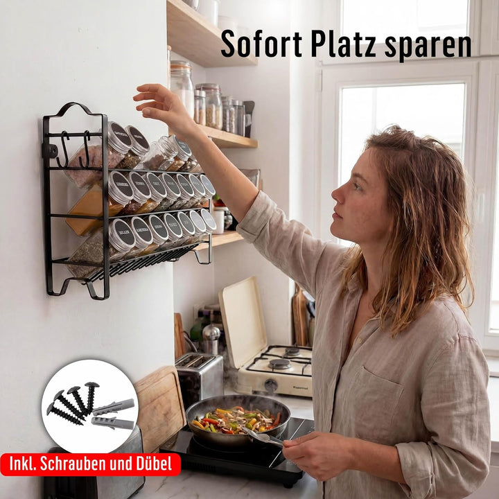 Deco haus Gewürzregal mit Gewürzgläser - 3 stufiges Metall Regal - Küchen Organizer Set, Gewürzständ