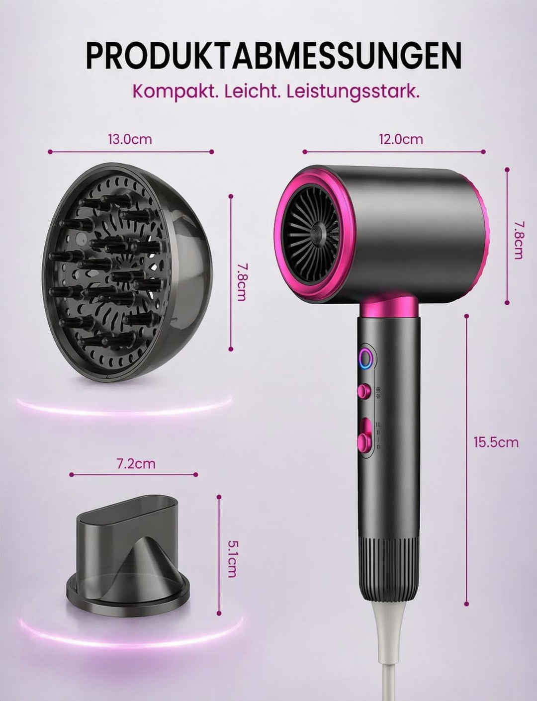 2200W Ionen-Haartrockner mit Diffusor Konzentrator Reiseföhn | 3 Temperaturen, 2 Geschwindigkeiten,