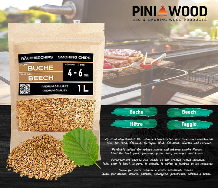 PINI Räucherchips Set 5x1 Liter Woodchips optimale Körnung 4-6 mm sortenreine Räucherspäne Buche Eic