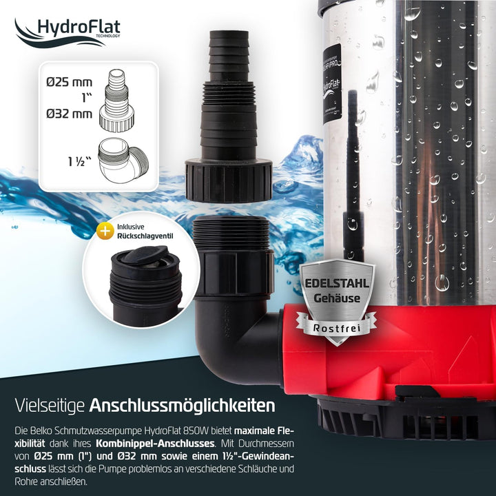 Belko® HydroFlat Vario Pro 850W – Flachsaugend bis 1 mm, 15.000 l/h, Edelstahlgehäuse, Schwimmerscha