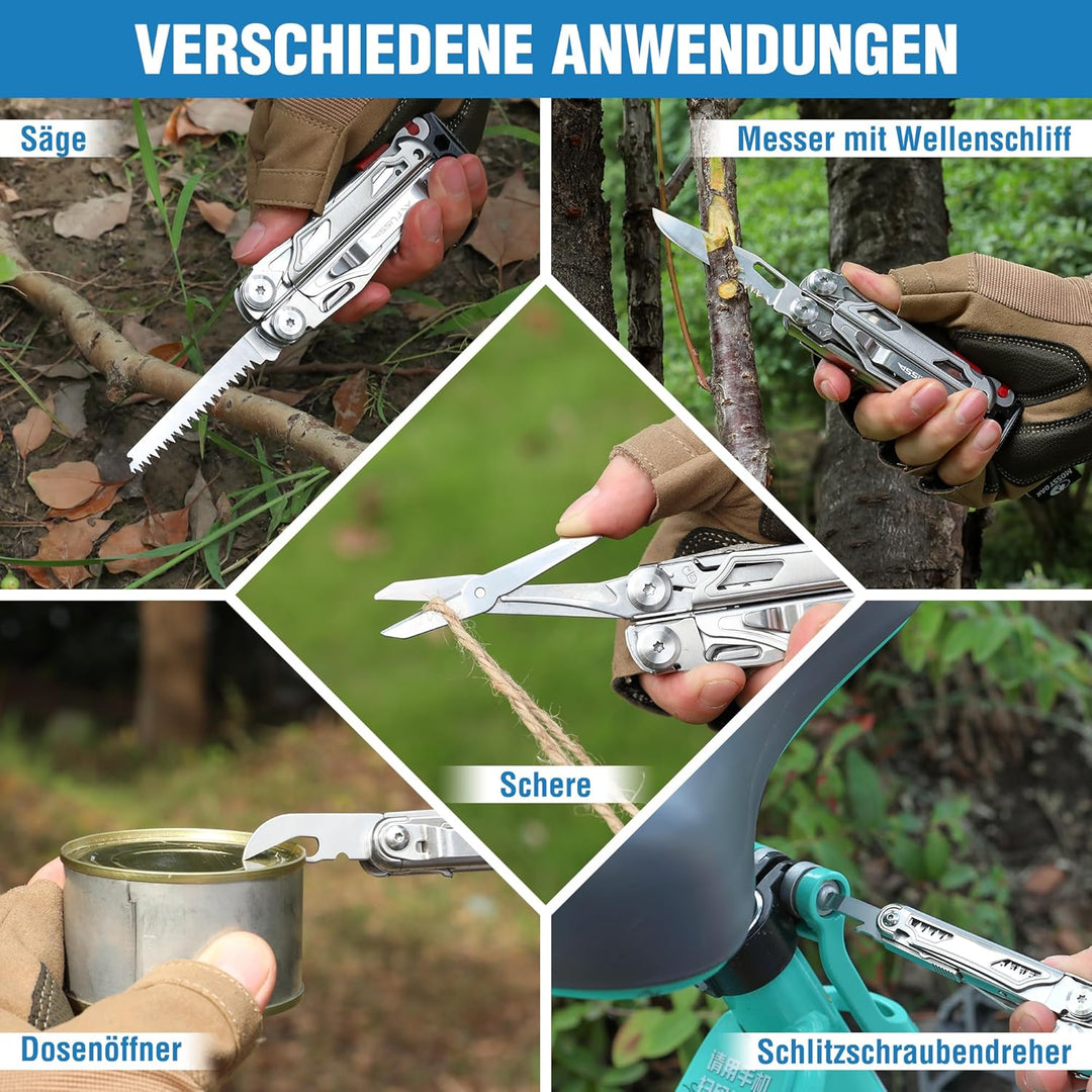 FLISSA Multifunktionszange 19-in-1, Multitool mit Glasbrecher und Feuerstarter, faltbares Multifunkt