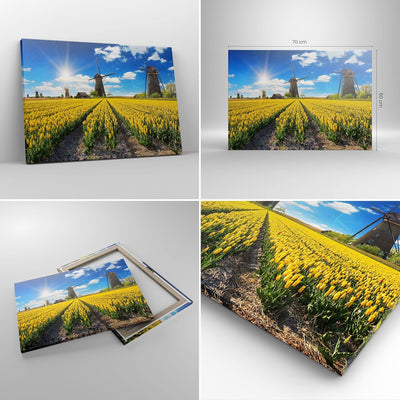 Bilder auf Leinwand Tulpen Windmühle Wiese Landschaft Leinwandbild 70x50cm Wandbilder Dekoration Woh