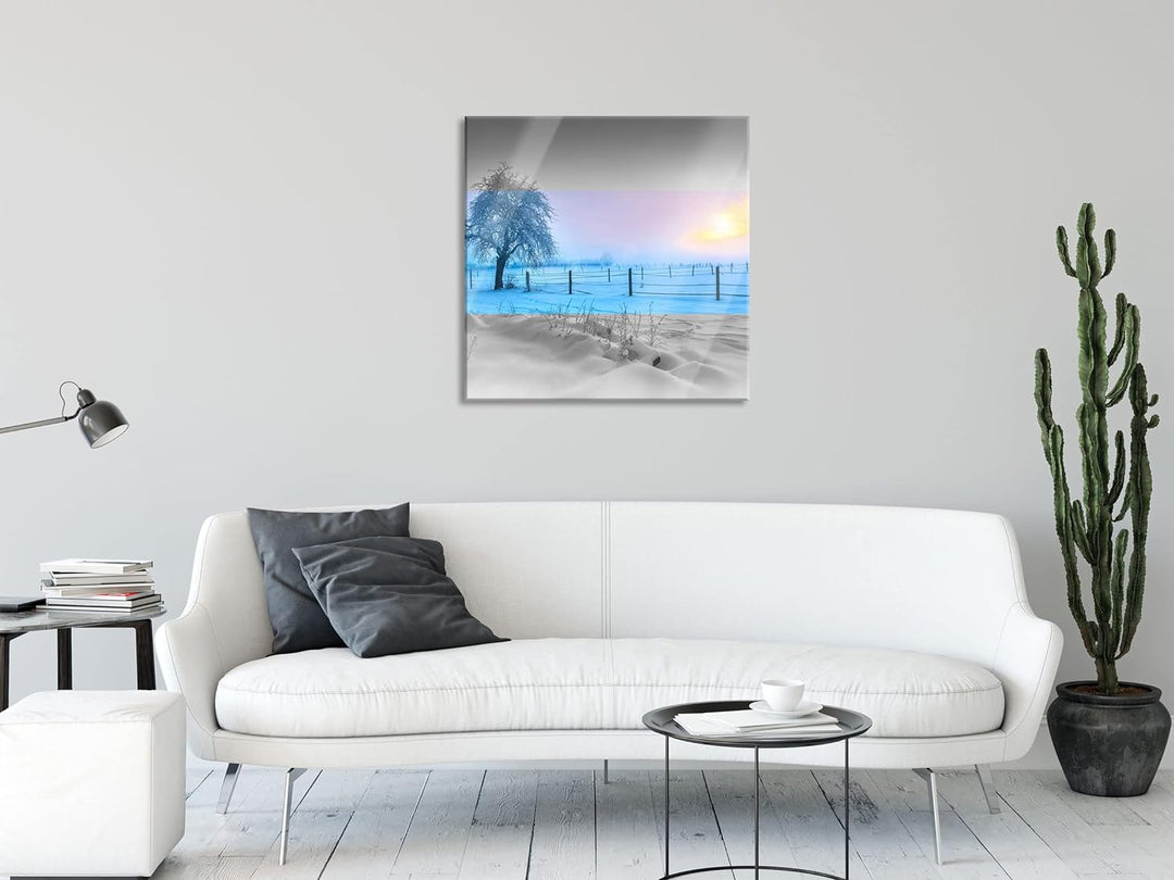 Pixxprint Glasbild | Wandbild auf Echtglas | Baum in Winterlandschaft | 40x40 cm | inkl. Aufhängung