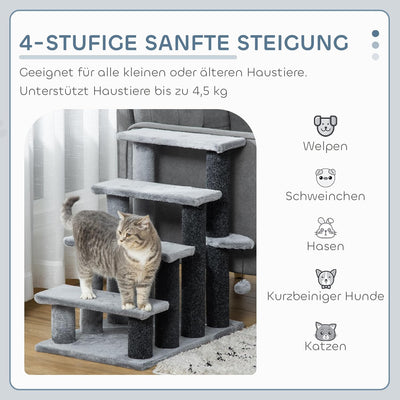 PawHut Haustiertreppe Katzentreppe mit Kratzbaum Ball 4-stufige Hundetreppe Tiertreppe Spanplatte Pl