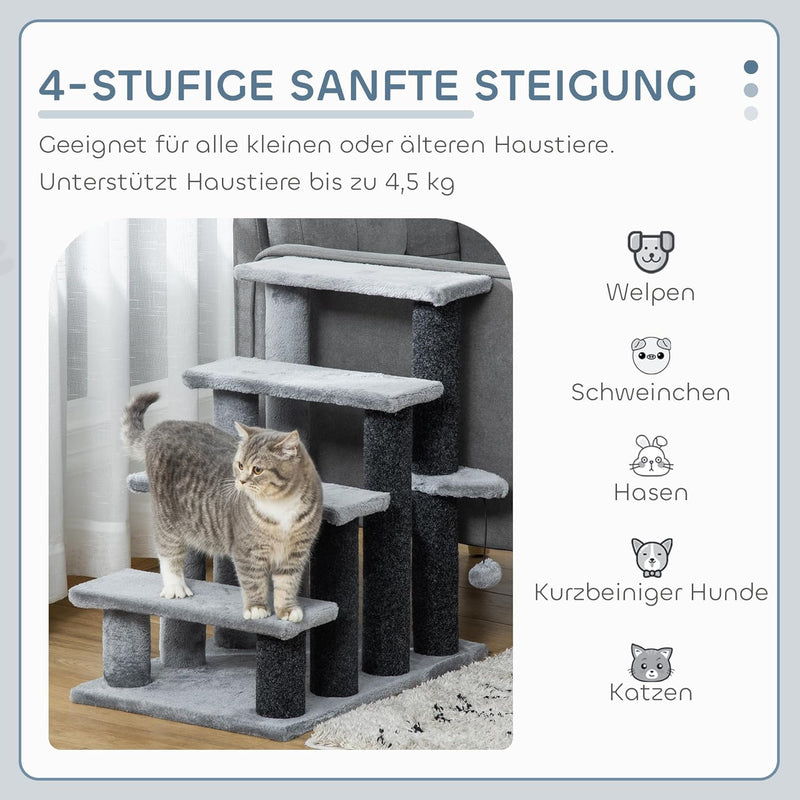PawHut Haustiertreppe Katzentreppe mit Kratzbaum Ball 4-stufige Hundetreppe Tiertreppe Spanplatte Pl