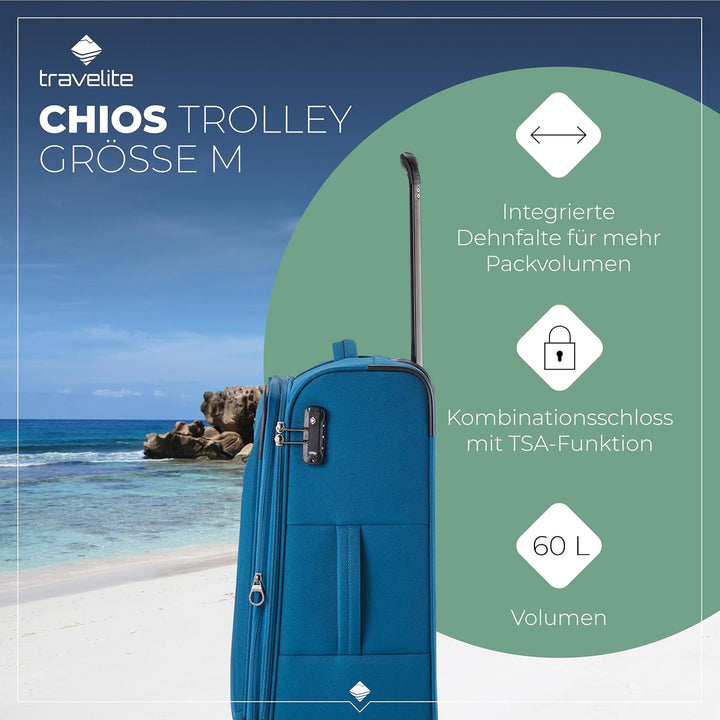 travelite 4-Rad Koffer Grösse M Weichschale, Gepäck Serie CHIOS mit Dehnfalte + Kantenschutz, Trolle