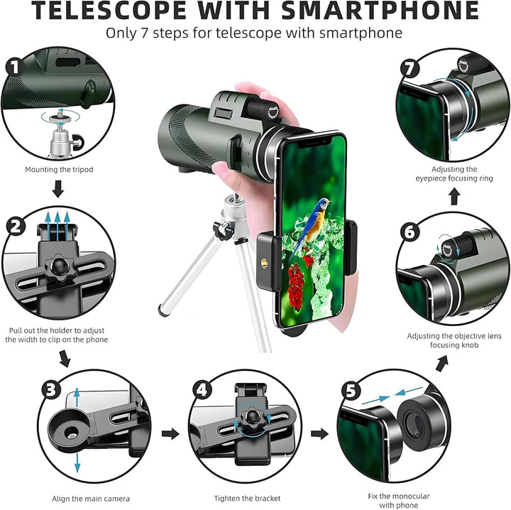 Mengshen 8x40 Monokular Teleskop Komplett-Set inkl. Handy Adapter Stativ für Digiskopie Outdoor Aben