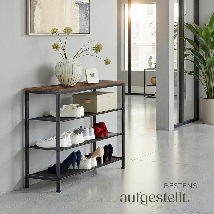 tectake 800952 Schuhregal schmal mit Ablagefläche, Schuhbank aus Holz Metall, Industrie-Design, 4 Eb