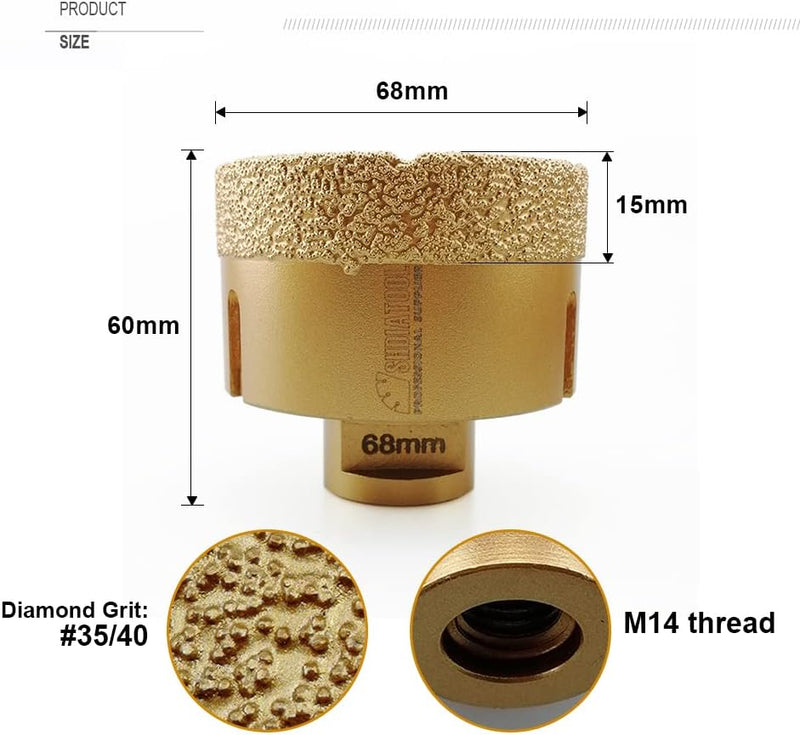 SHDIATOOL Diamantbohrer, 68 mm, Vakuumgelötet, mit Gewinde M14, für Trockenbohren, Porzellan, Fliese