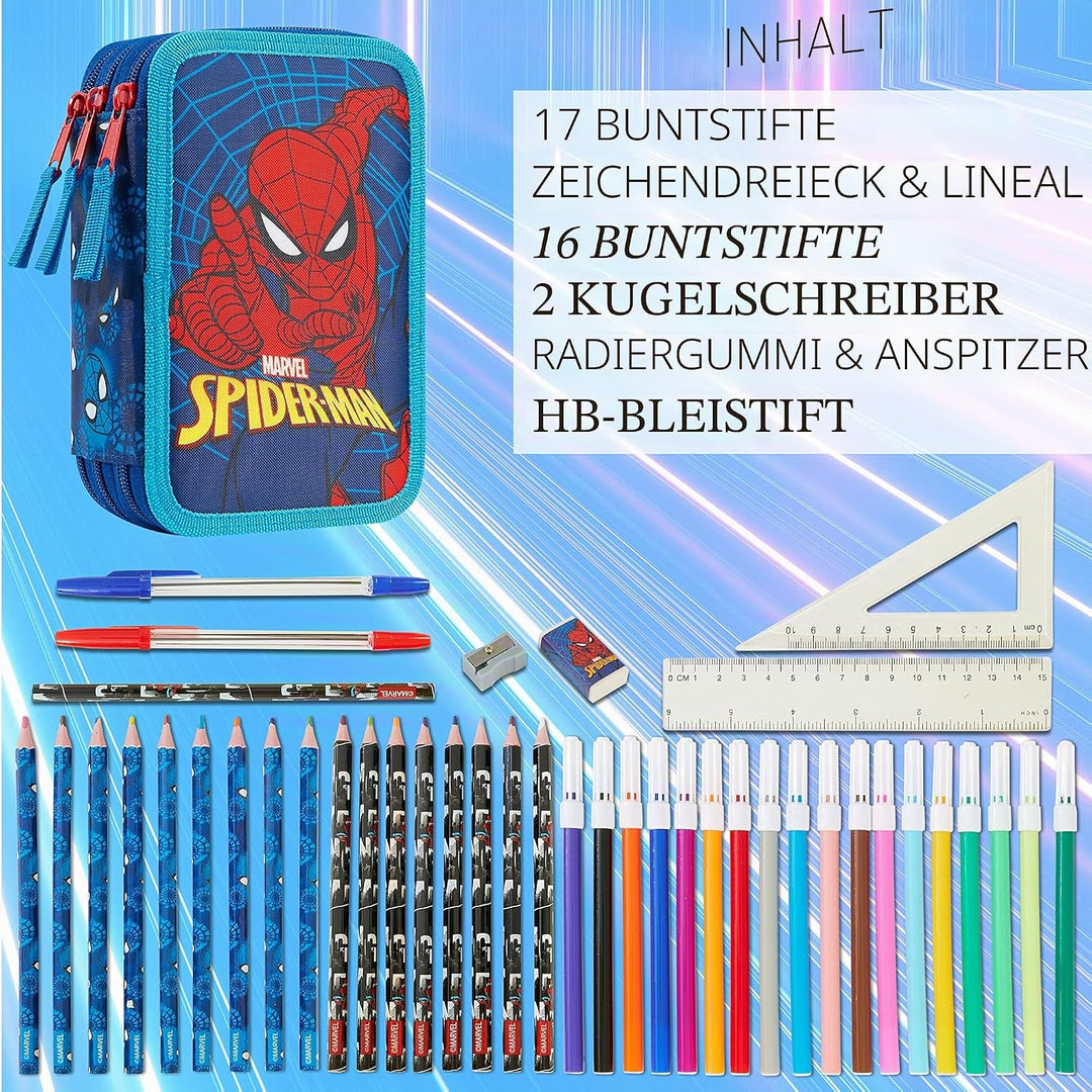 Marvel Federmäppchen für Jungen, Federmäppchen, Fächer, gefüllt, für Schule, Filz, Buntstift, Gesche