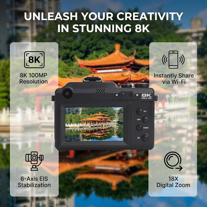 8K WiFi Digitalkamera, 100 MP Dual-Objektiv-Kamera mit 18X Zoom 3 Zoll Bildschirm, 6 Achsen elektron