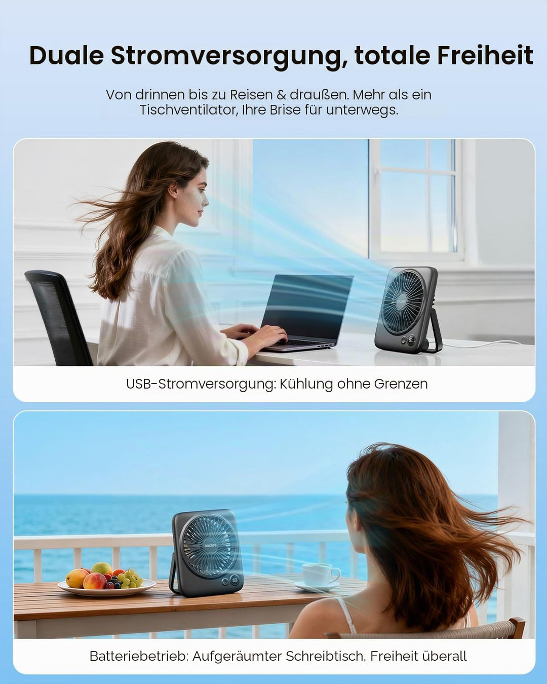 Otlonpe Tischventilator Leise, 4000mAh Akku Tisch Ventilator Tragbar, 23H Laufzeit Tischventilatoren