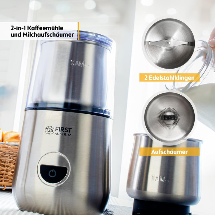 TZS First Austria Kaffeemühle & Milchaufschäumer 2 in 1 | 100 g / 100 ml | 2 Stufen | Edelstahl | 28