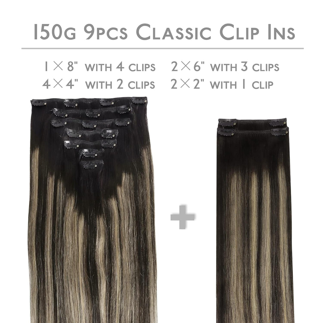 WENNALIFE Clip In Extensions Echthaar, 150g 35cm 9pcs Balayage Natürliches Schwarz bis Hellblond Cli