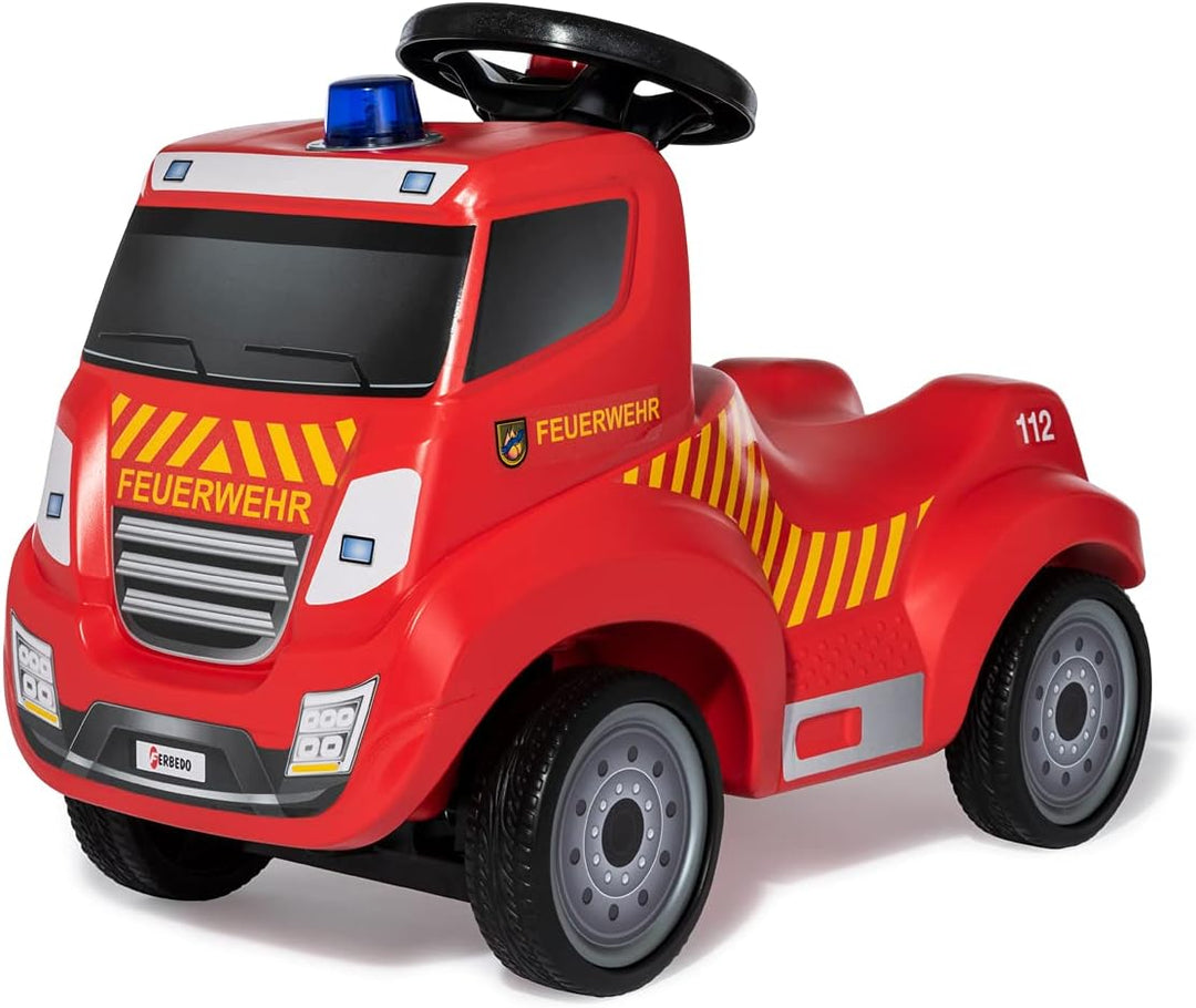 Ferbedo Feuerwehr Rutscher (mit Hupe, neues Design, Sirene, Blaulicht, Feuerwehrauto, Flüsterlaufrei