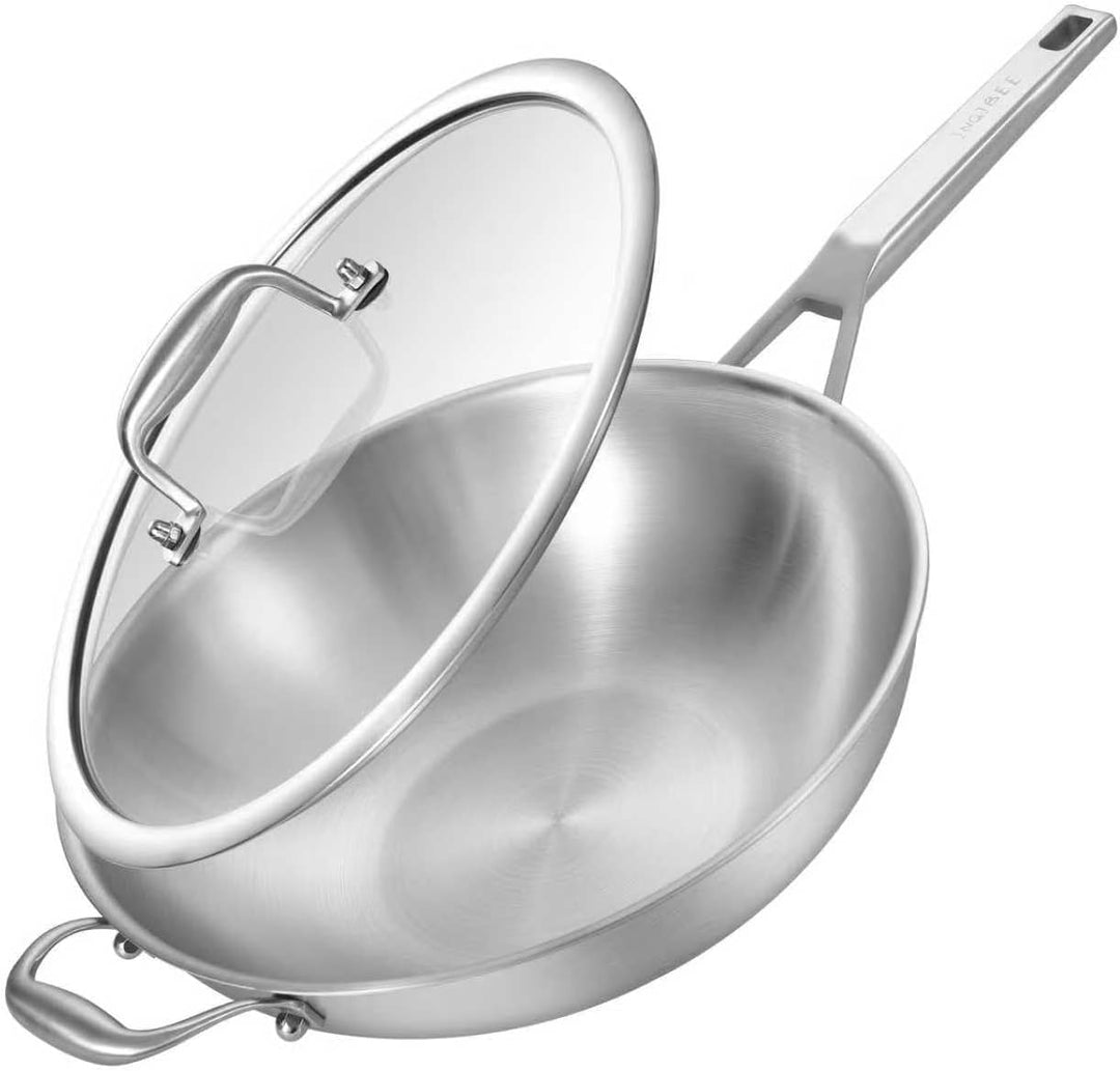 Inqibee Edelstahlpfanne 34cm Bratpfanne mit Deckel, Unbeschichtete Wok Pfanne für Induktion &amp; Gasher