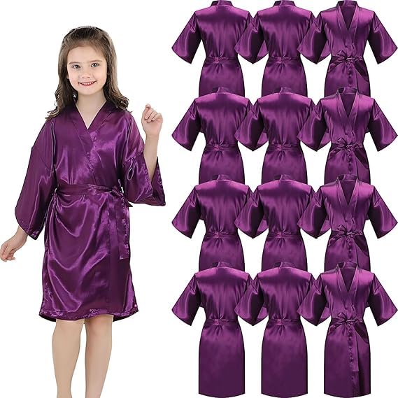 12er Set Satin Kimono Morgenmäntel für Mädchen, Einfarbige Kinder Roben mit Bindegürtel für Geburtst