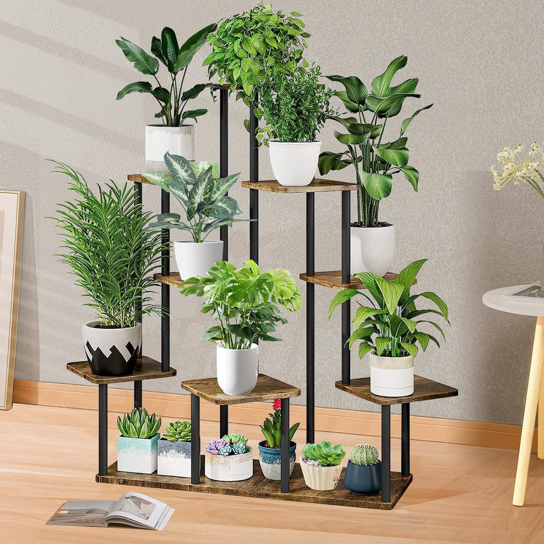 YOCOMEY 9-Tier Hölzern Blumenregal Pflanzenregal, Mehrstöckig Blumenständer Pflanzenständer Blumenba