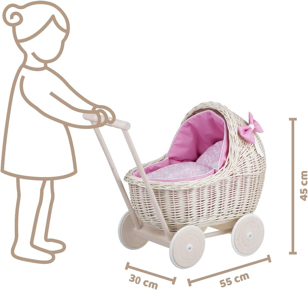 Puppenwagen aus Weide mit Bettwäsche - perfekte Geschenkidee - Korbpuppenwagen, schöner Spielzeug au
