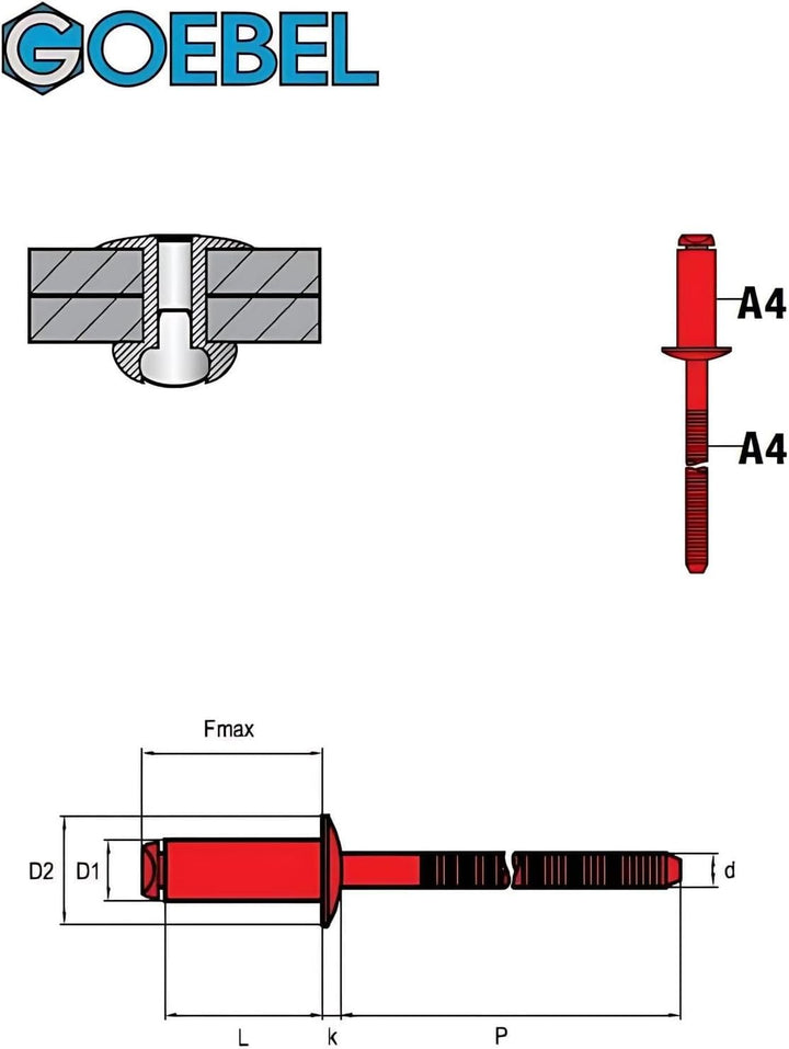 GOEBEL® - 500 x Flachkopf Nieten mit gerilltem Nietdorn Edelstahl A4 (V4A) / Edelstahl A4 (V4A) (Ø x