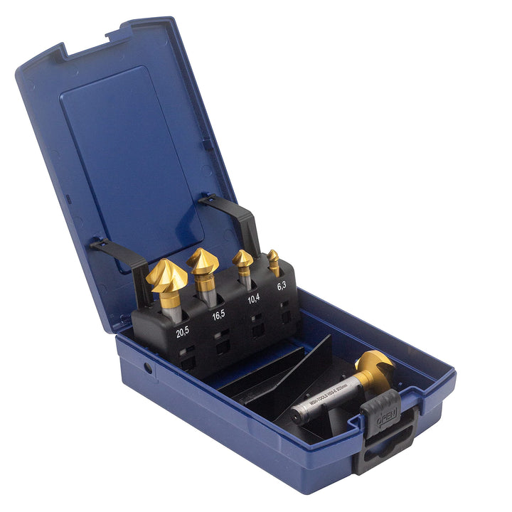 WSH-TOOLS Kegelsenker Set 5-teilig HSS-E Co5 –ungleich geteilt spiralisiert– TiN-beschichtet 6,3 mm