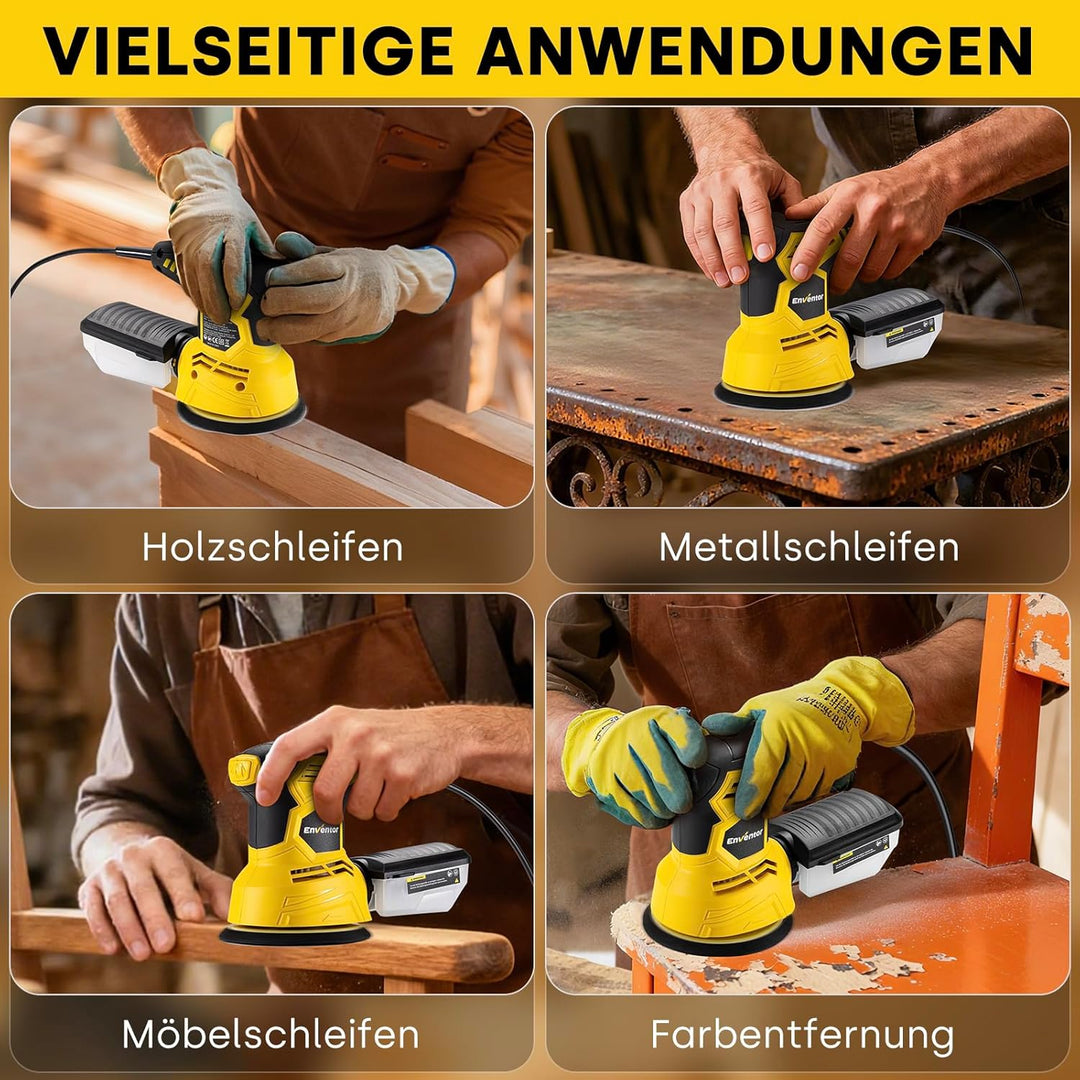 Enventor Exzenterschleifer 125mm, 300W Schleifmaschine 6000-13000 OPM, 6 Gänge, Multischleifer mit A
