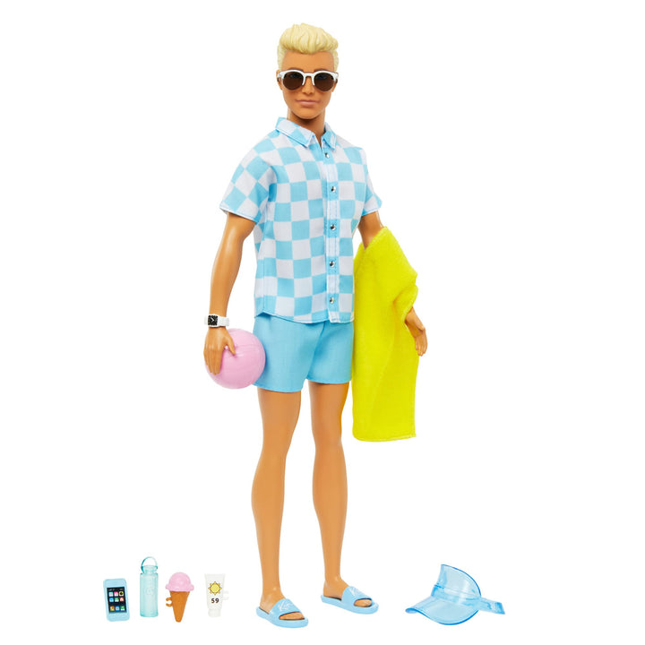 Barbie Ken - Blonde Puppe mit blauem Hemd und Badehose, Strand-Accessoires und Wasserball für kreati