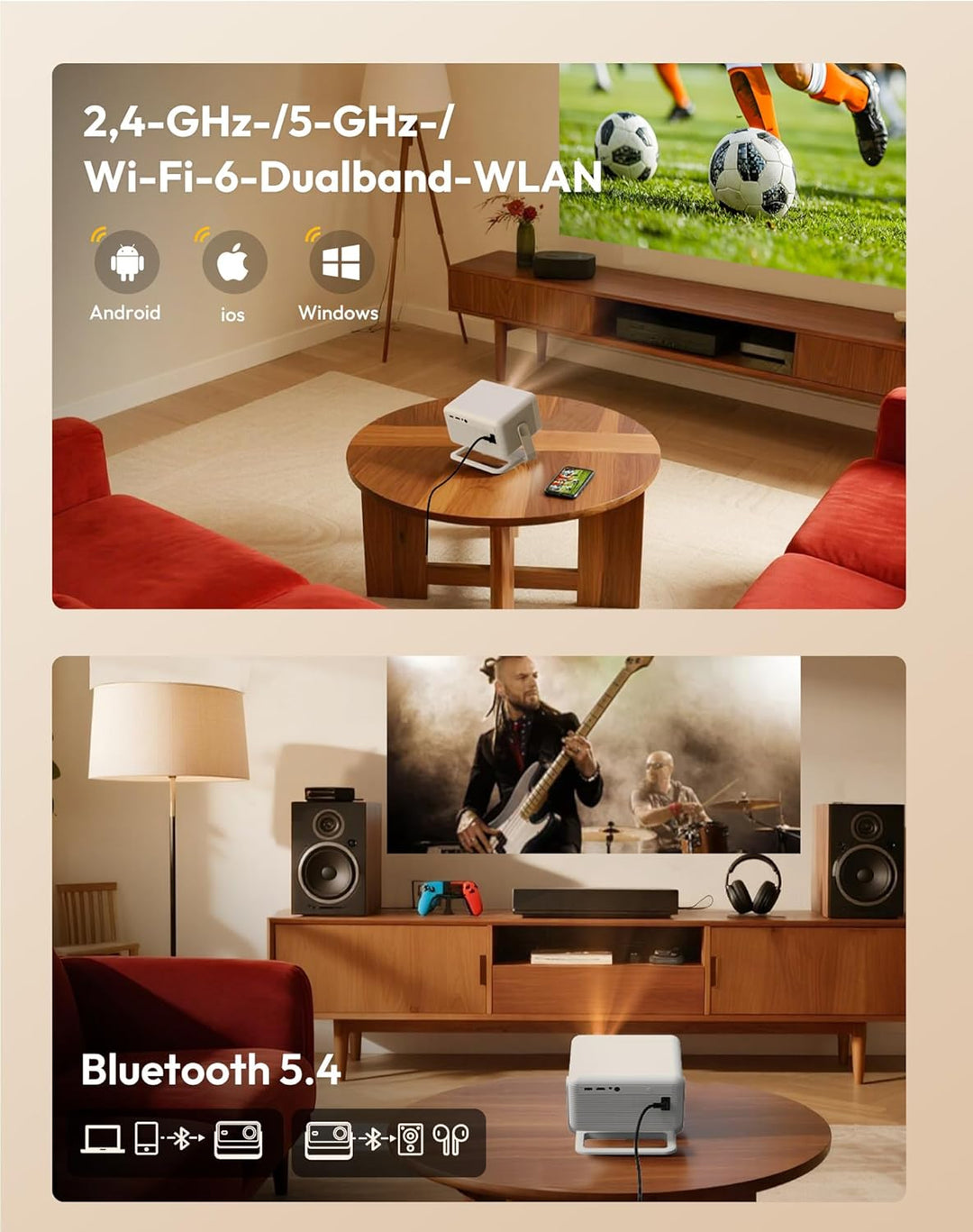 Smart Beamer N6 Pro: Kompatibel mit Netflix& Autofokus mit 4K-Unterstützung und 1080P Full HD, WiFi