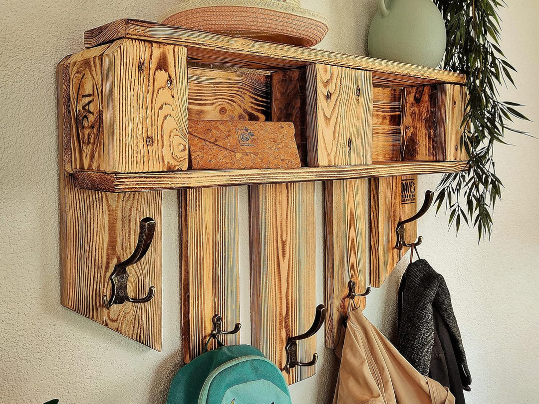 Garderobe Holz mit Ablage Wand-Garderobe aus Paletten mit 5 Kleiderhaken Hutablage Wandregal Eingang