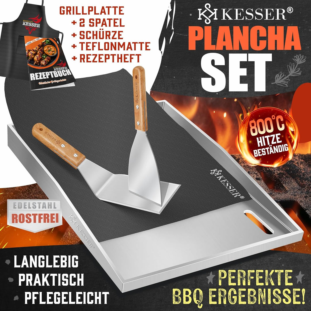 KESSER® Grillplatte Plancha aus Edelstahl 40x30cm rostfrei mit Fettablauf, hitzebeständig bis 800°C