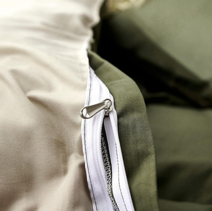 Damier Bettwäsche Grün 220×240cm Olivgrün Beige Unifarben Bettbezug Set 3 Teilig Superweiches Microf