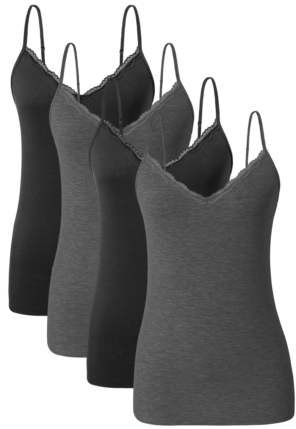 Damen Tanktop mit Spitzen Unterhemd Spaghettiträger Basic Top V-Ausschnitt Verstellbare Trägertop 4e