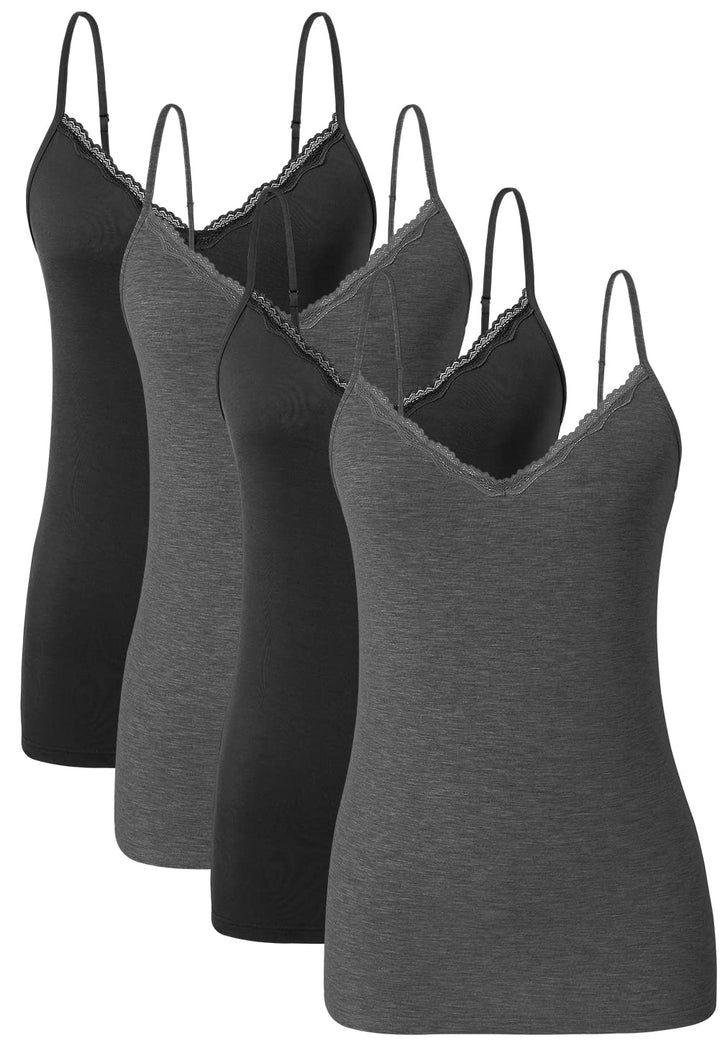 Damen Tanktop mit Spitzen Unterhemd Spaghettiträger Basic Top V-Ausschnitt Verstellbare Trägertop 4e