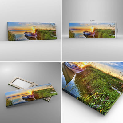 Panorama Bilder auf Leinwand See Boot Wasser Leinwandbild mit Rahmen 90x30cm Wandbilder Dekoration W