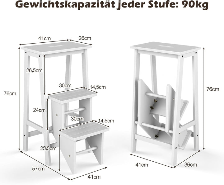 COSTWAY Tritthocker, Trittleiter 3 Stufen klappbar, Trittstuhl mit Griff, bis 310 kg, Haushaltsleite