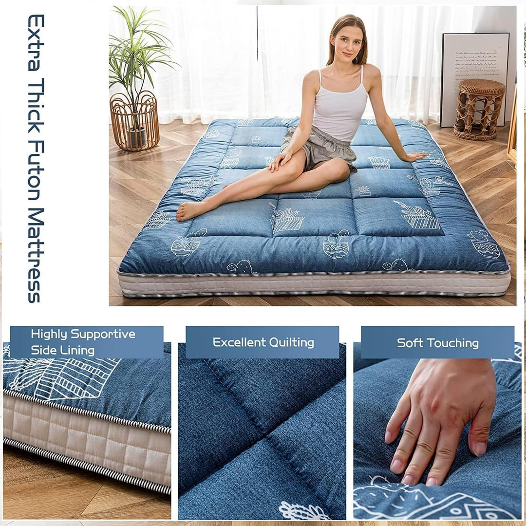 MAXYOYO Graue Futon-Matratze mit Kaktus-Muster, japanische Bodenmatratze, Doppelbettgrösse, gesteppt