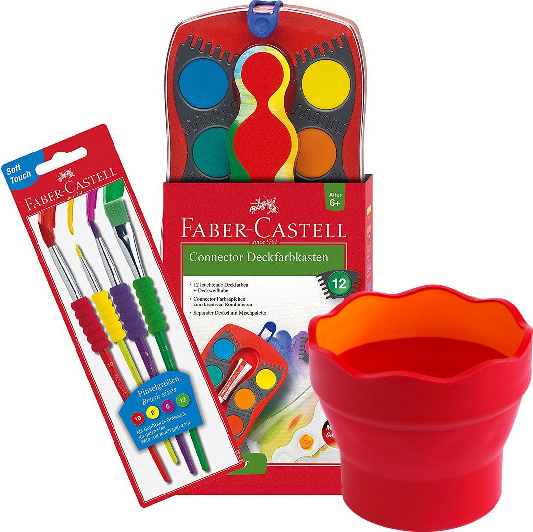 Faber-Castell - Kunststoff Wasserbecher Clic und Go, Lernmaterialien, rot + Pinsel Set + 12 Connecto
