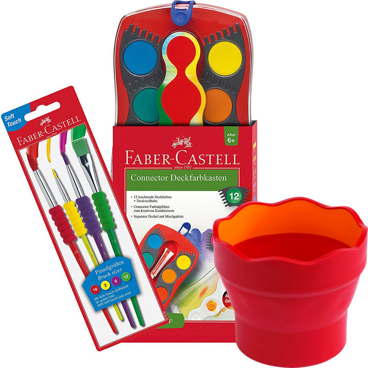 Faber-Castell - Kunststoff Wasserbecher Clic und Go, Lernmaterialien, rot + Pinsel Set + 12 Connecto
