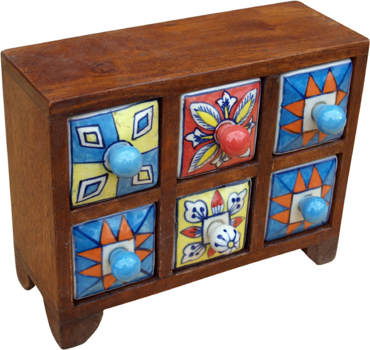 GURU SHOP Apothekerschränkchen mit Bunten Keramik Schubfächern, Gewürzkiste - 3x2 Fächer Modell 2, 1