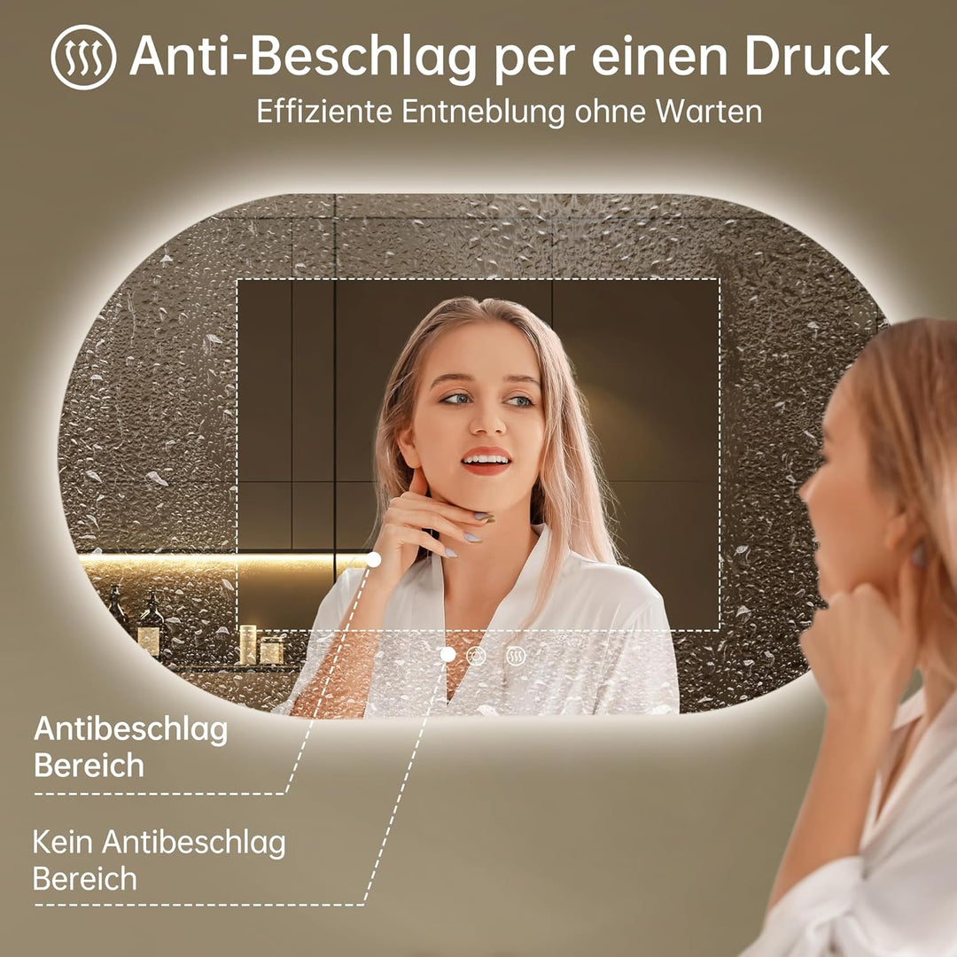 100x60cm LED Badspiegel mit Beleuchtung Oval | Badezimmerspiegel mit Beleuchtung,Beschlagfrei,Touch-