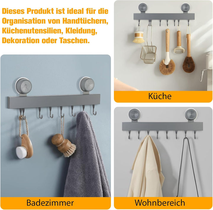 Hakenleiste Küche Ohne Bohren mit 8 Haken, Küchenhaken mit Saugnapf, Küchenhalterung aus Kohlenstoff