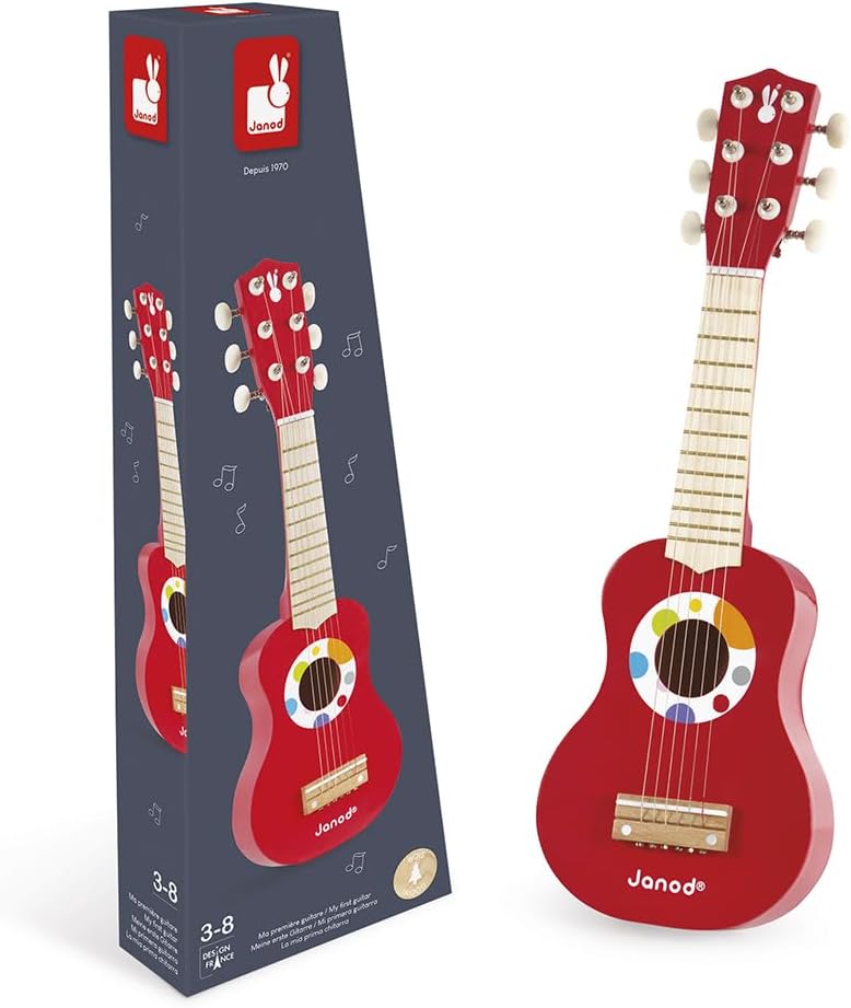 Janod - My First Confetti Holz-Gitarre, Kinder-Musikinstrument, Spielzeugnachbildung und Spielzeug f