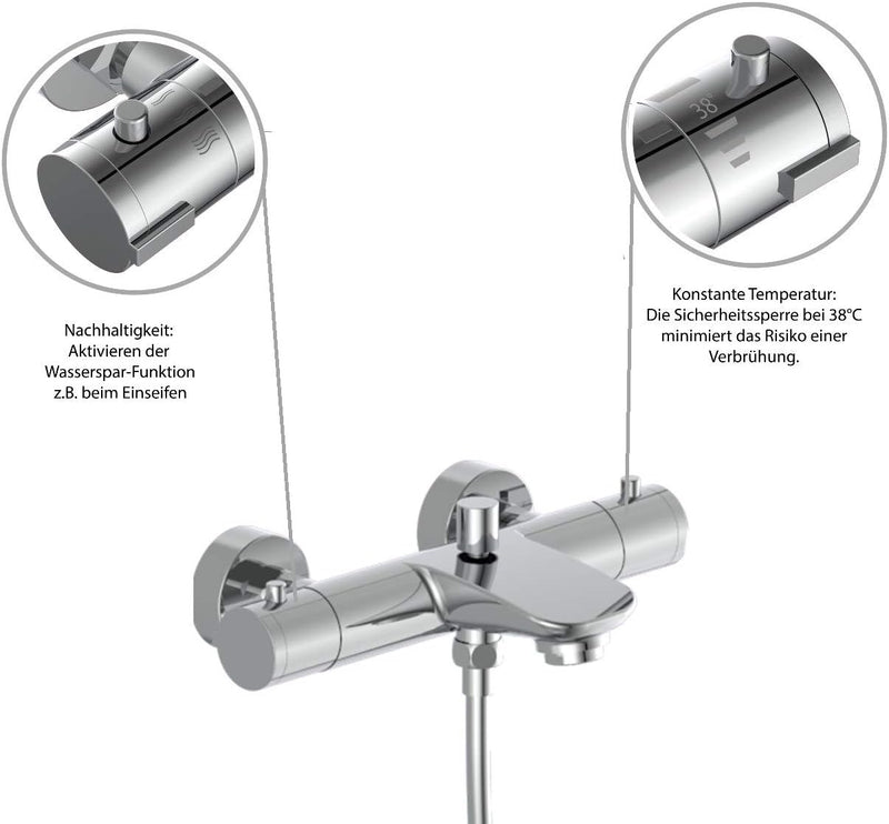 EISL CLT023ACR CLAUDIO Thermostat Badewannenarmatur inkl. Handbrause und Halter, Wasserhahn für die