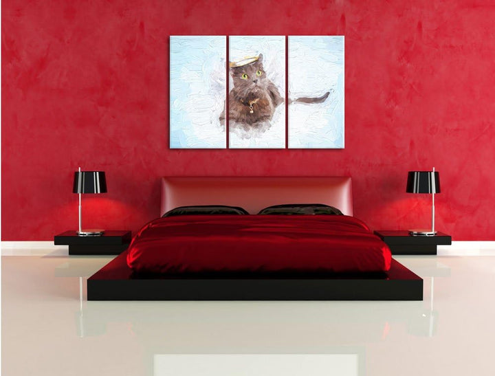 Pixxprint Katzen-Engel im Himmel / 3-Teilig/Gesamtmass 120cm Leinwandbild bespannt auf Holzrahmen/Wa