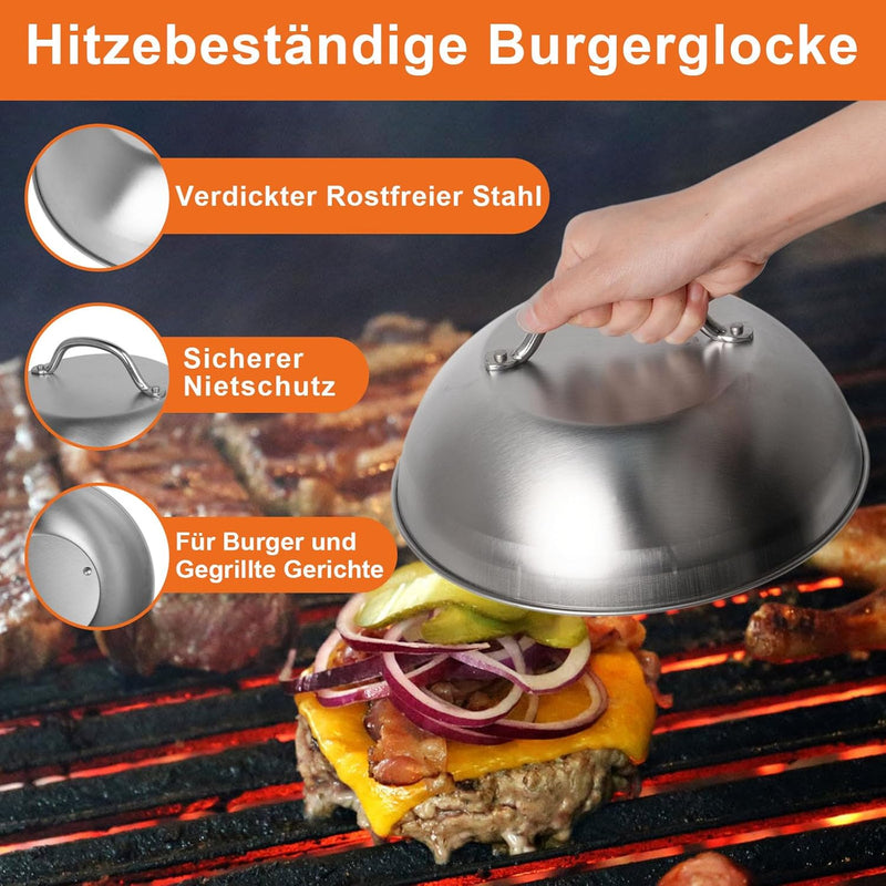 W&H Smash Burger Set aus Edelstahl, Burger Smasher Set 4-TLG. inkl. Burgerpresse, Grillspachtel, Bur