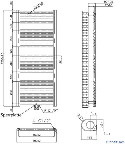 EMKE Badheizkörper Handtuchtrockner, Handtuchwärmer 500x1200mm 513 Watt Weiss Handtuchheizkörper für