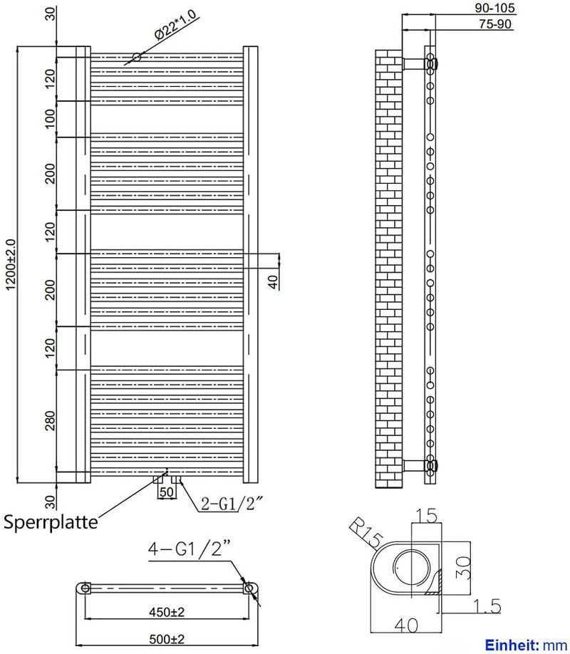 EMKE Badheizkörper Handtuchtrockner, Handtuchwärmer 500x1200mm 513 Watt Weiss Handtuchheizkörper für