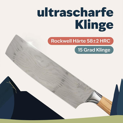 kjøk Premium Nakiri Messer mit Olivenholzgriff 17cm Japanmesser-Style Härte 58±2 HRC - extra scharf