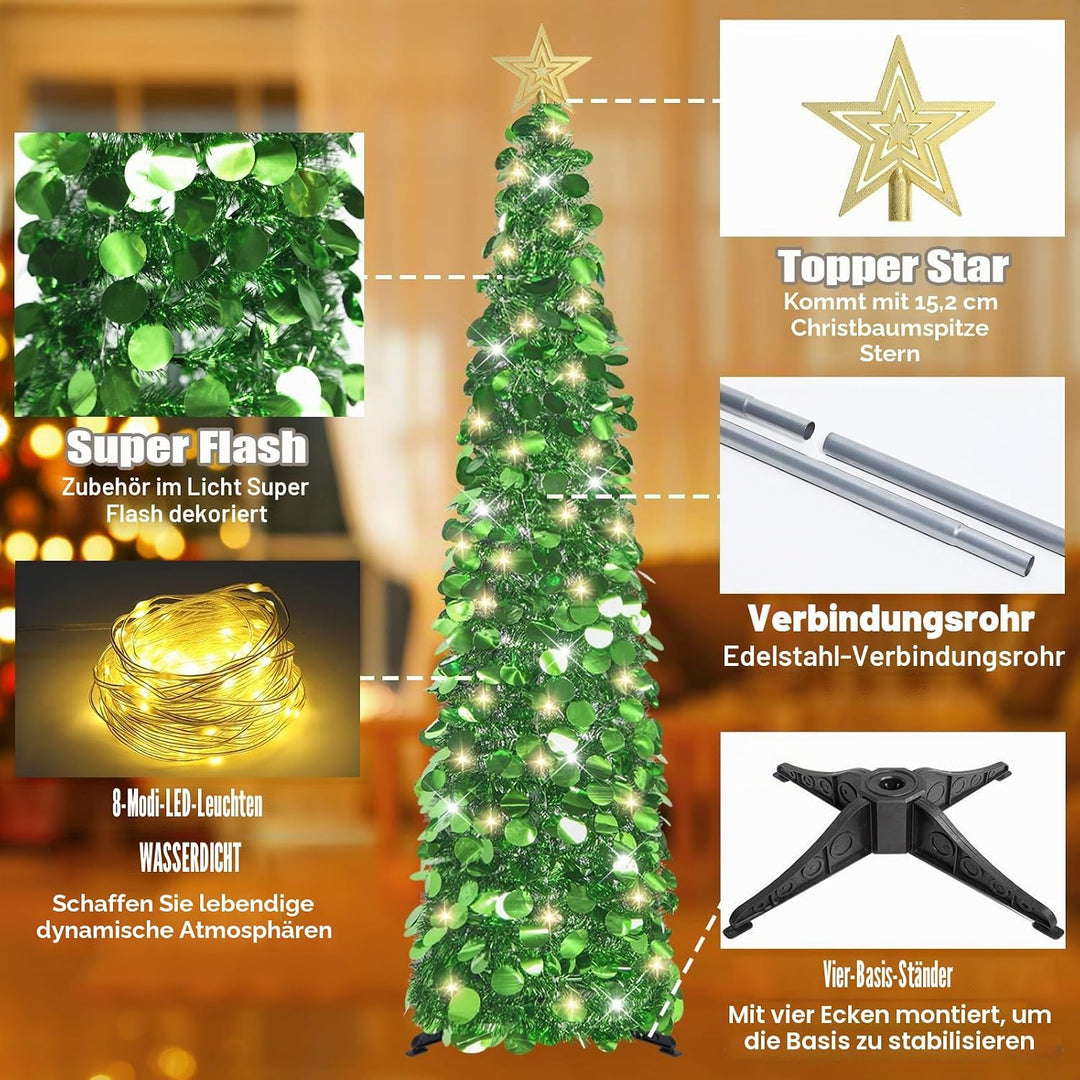 HMASYO 150 cm Pop-Up Lametta Weihnachtsbaum mit 50 Timer-Lichtern, Grün Zusammenklappbarer Künstlich